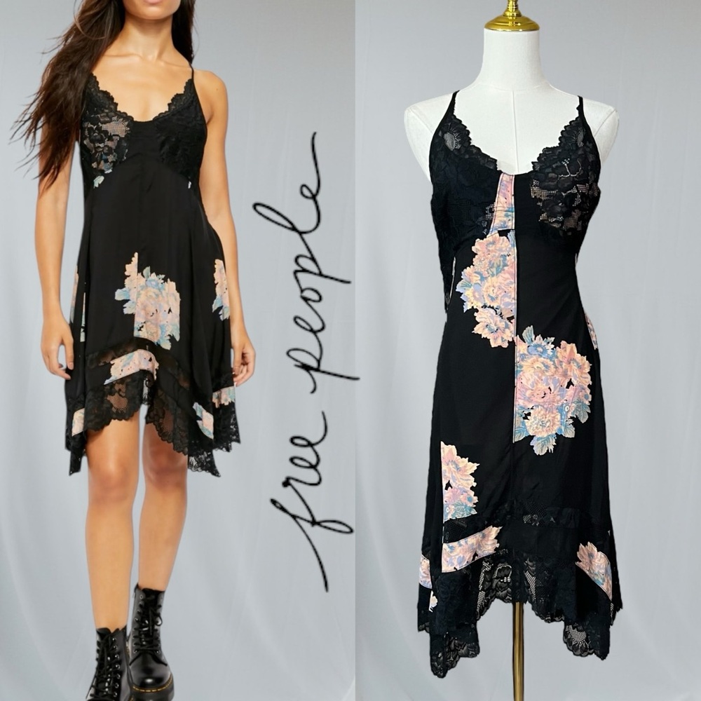 Free People Black Floral Lace Slip Dress Sz Medium